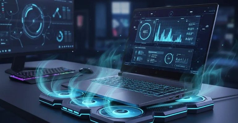 ноутбук на охлаждающей подставке